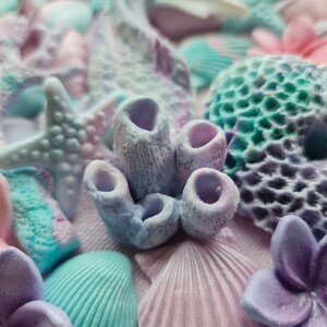 May include: A close-up of a variety of pastel-colored sea-themed decorations, including starfish, coral, seashells, and flowers. The decorations are made of a soft, textured material and have a whimsical, beachy feel.
