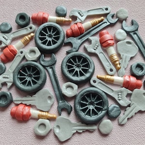 36-Piece Fondant Tool Cake Topper Set – Screwdrivers, Screws, Tires, Spark Plugs & Keys for Car or Mechanic Themed Cakes