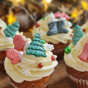 Edible sugar fondant Christmas cake topper, decorations Santa clothes, Christmas tree, snowflakes, sprinkles, poinsettia flower