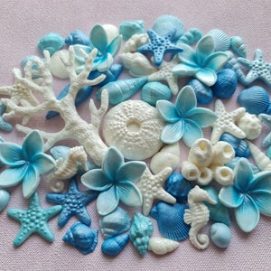 60 pcs. Edible Sugar seashells, corals, plumeria, cake topper. Blues and white