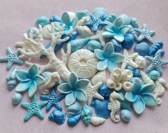 60 pz. Conchiglie di zucchero commestibili, coralli, plumeria, cake topper. Blu e bianco