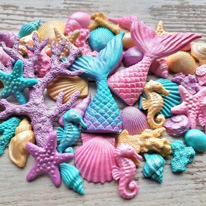 48 stuks Suiker fondant zeemeermin staart, schelpen, koralen, zeepaardjes cake topper decoraties afbeelding 1