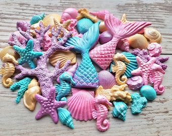 48 stuks Suiker fondant zeemeermin staart, schelpen, koralen, zeepaardjes cake topper decoraties