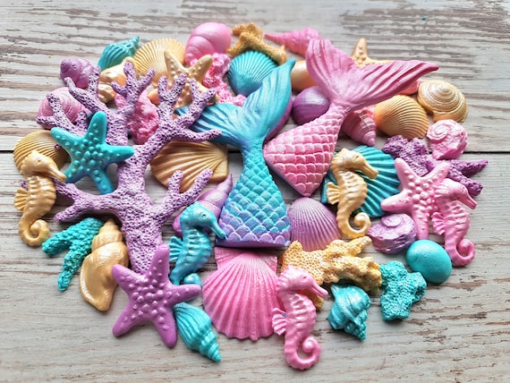 48-Piece Sugar Fondant Mermaid Cake Toppers: Seashells, Seahorses, Coral