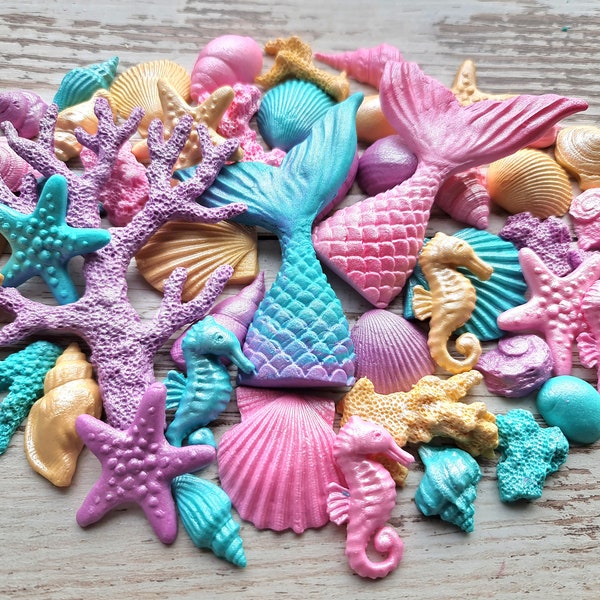 48 pcs. Sugar fondant mermaid tail, shells, corals, seahorses cake topper decorations