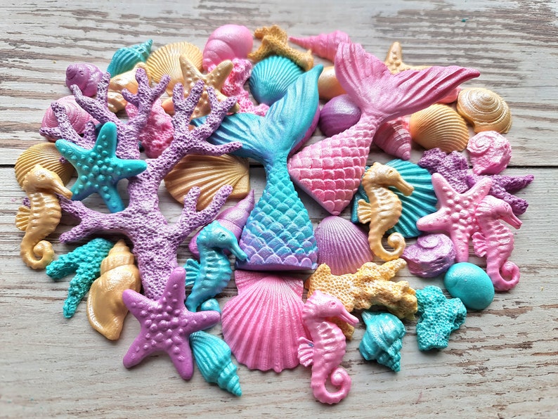 48 stuks Suiker fondant zeemeermin staart, schelpen, koralen, zeepaardjes cake topper decoraties afbeelding 1