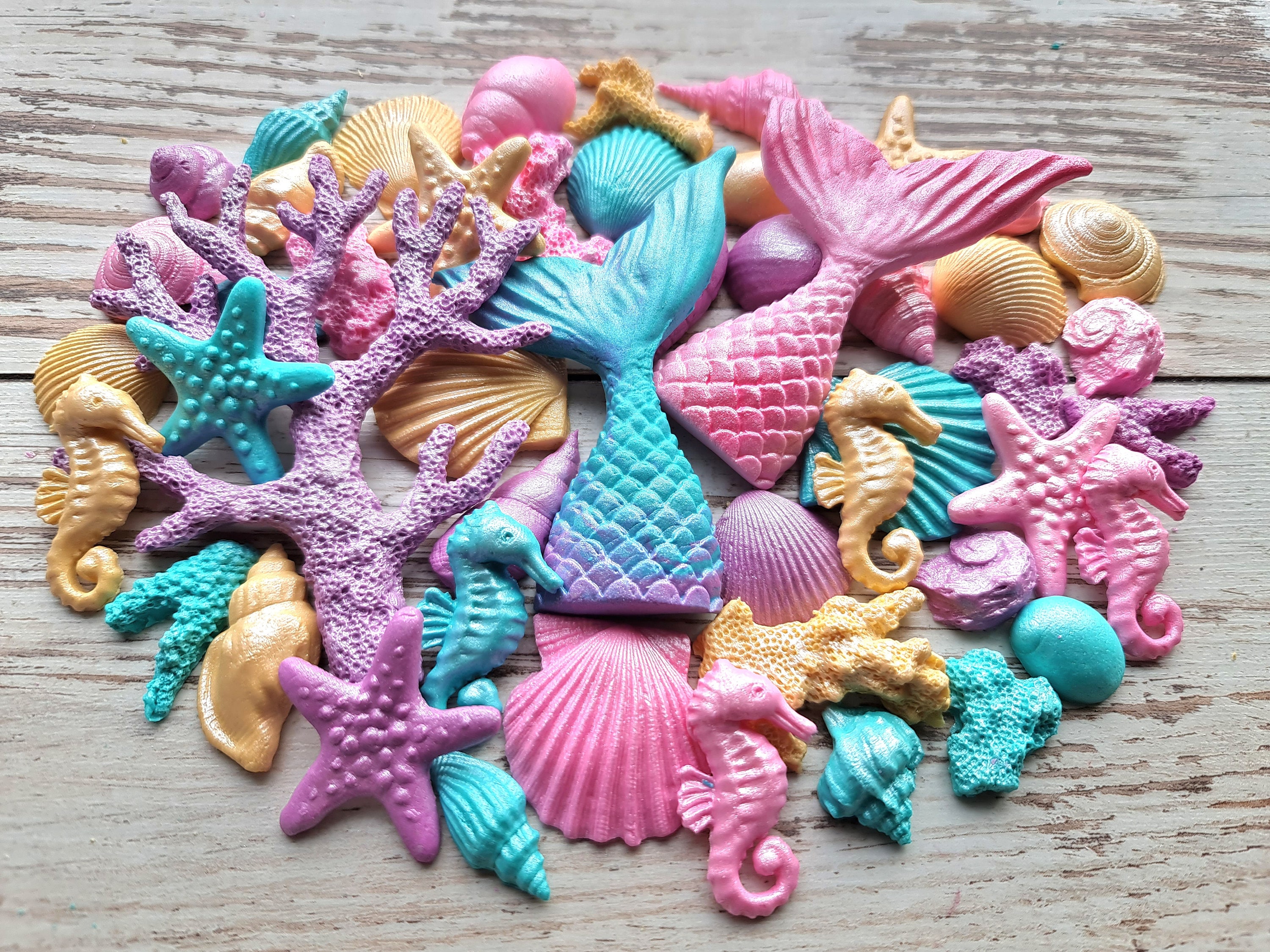 48 pcs. Sugar fondant mermaid tail, shells, corals, seahorses cake topper decorations