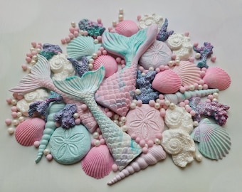 30 pcs. Sugar fondant mermaid fin, mermaid tail, starfishes, corals, clam shells cake topper decorations