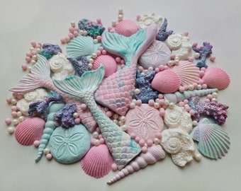 30 pcs. Sugar fondant mermaid fin, mermaid tail, starfishes, corals, clam shells cake topper decorations