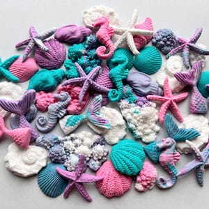 50 Edible Mermaid Cake Toppers – Fondant Shells, Starfish, Tails, Corals – Ocean Beach Theme Decorations for Cakes & Cupcakes