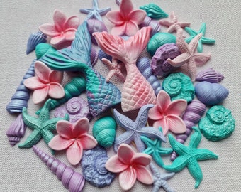 Edible Sugar Cake Topper (48 pcs.)Shells, mermaid fin, mermaid tail, starfishes, plumeria flowers.