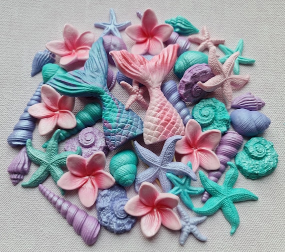 Edible Sugar Cake Topper 48 Pcs.shells Mermaid Fin Mermaid Etsy