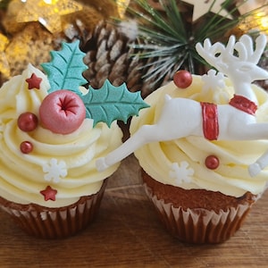 Edible sugar fondant Christmas cake topper, decorations, berries, leaves, reindeer, snowflakes, sprinkles