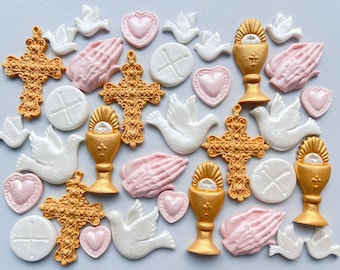 32 stuks Suiker fondant bevestiging taart topper kelk gastheer biddende handen kruisduif