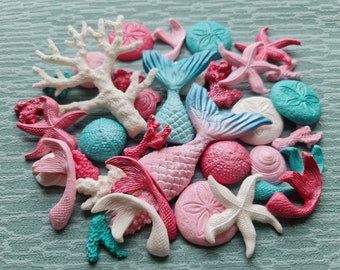 33 essbare essbare Meerjungfrau Cake Topper, Muscheln, Seesterne
