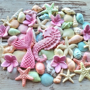 68 pezzi di decorazioni per torte in pasta di zucchero, pinna di sirena, coda di sirena, cavalluccio marino, stella marina, fiori di plumeria.