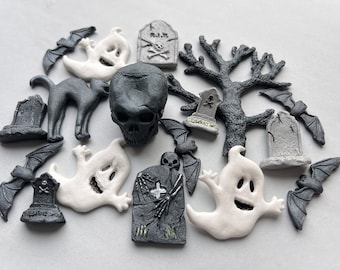 Edible Halloween Cake Topper Set: Fondant Tombs, Bats, Ghosts