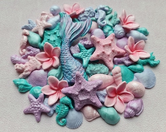Essbare Mermaid Cake Toppers - 54 Stück Fondant Muscheln, Seesterne & Tails