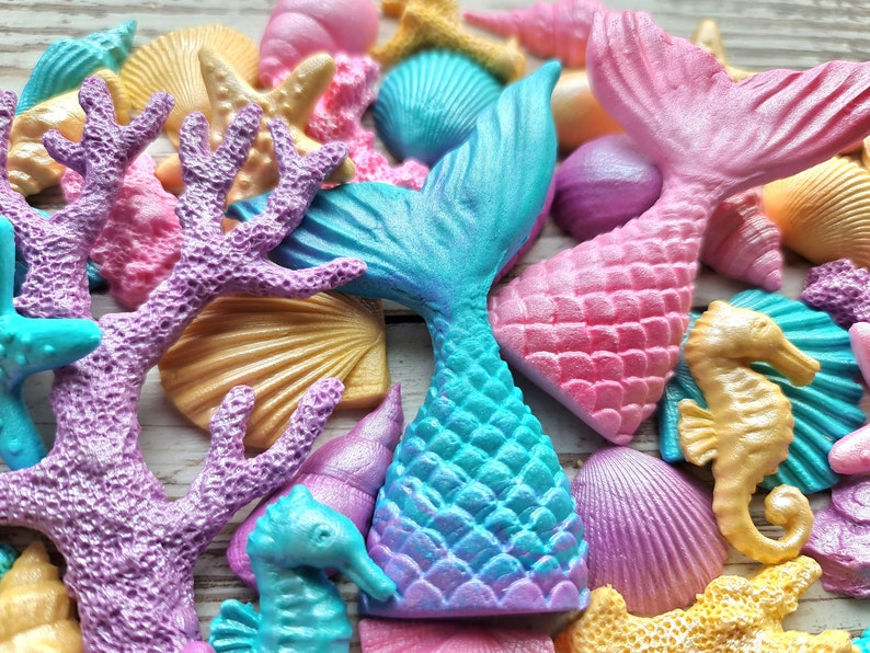 48 stuks Suiker fondant zeemeermin staart, schelpen, koralen, zeepaardjes cake topper decoraties afbeelding 2