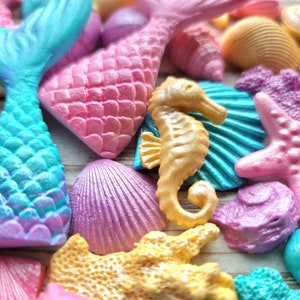 48 stuks Suiker fondant zeemeermin staart, schelpen, koralen, zeepaardjes cake topper decoraties afbeelding 4