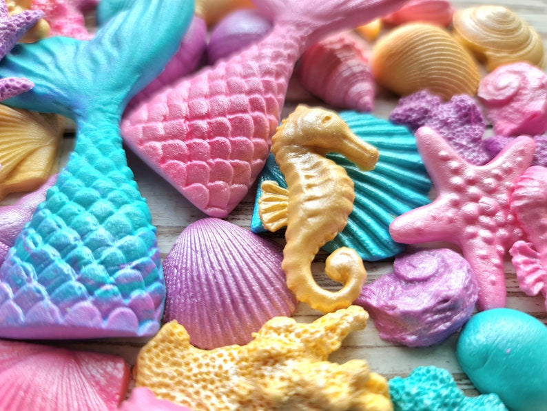 48 stuks Suiker fondant zeemeermin staart, schelpen, koralen, zeepaardjes cake topper decoraties afbeelding 4