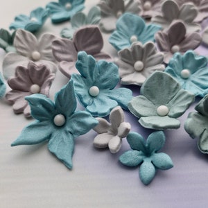 50 pcs. sugar fondant flowers cake topper eucalyptus silver shades