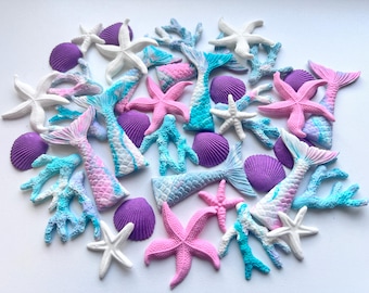 40 essbare Meerjungfrau Cake Topper - Fondant Schwänze, Muscheln & Seesterne