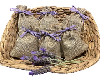 Six Organic Lavender sachets|traditional rustic jute bag|for drawers, cupboards|slip under pillow|lovely decorative packaging included