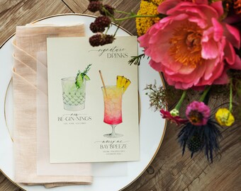CUSTOM WATERCOLOR DRINKS - His & Hers Signature Cocktail Menu, wedding template, luxury printable invitation, day of stationary