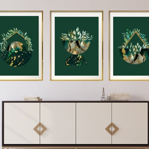 Set of 3 Green and Gold Marble Wall Artgreen Abstract Living Etsy