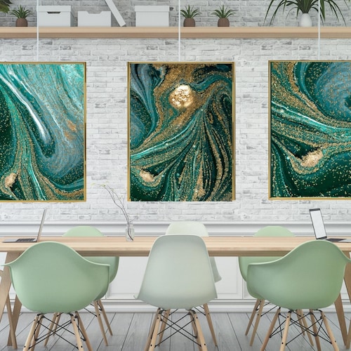Set of 3 Green and Gold Marble Wall Artgreen Abstract Living Etsy