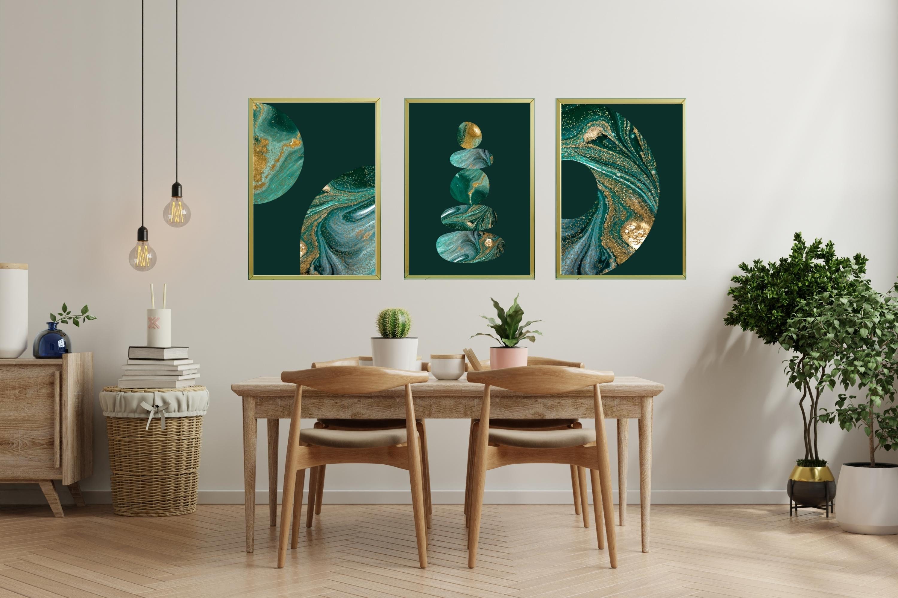 Green and Gold Marble Wall Art|stone Balance|dark Green Gold Living ...