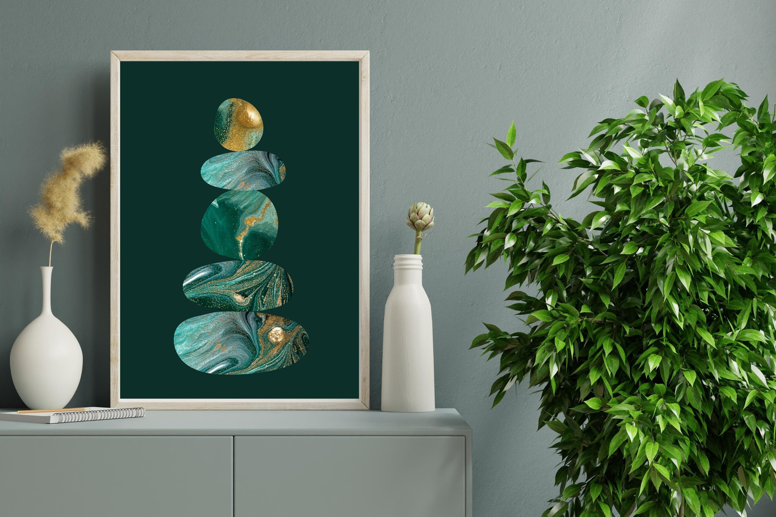 Green and Gold Marble Wall Art|stone Balance|dark Green Gold Living ...