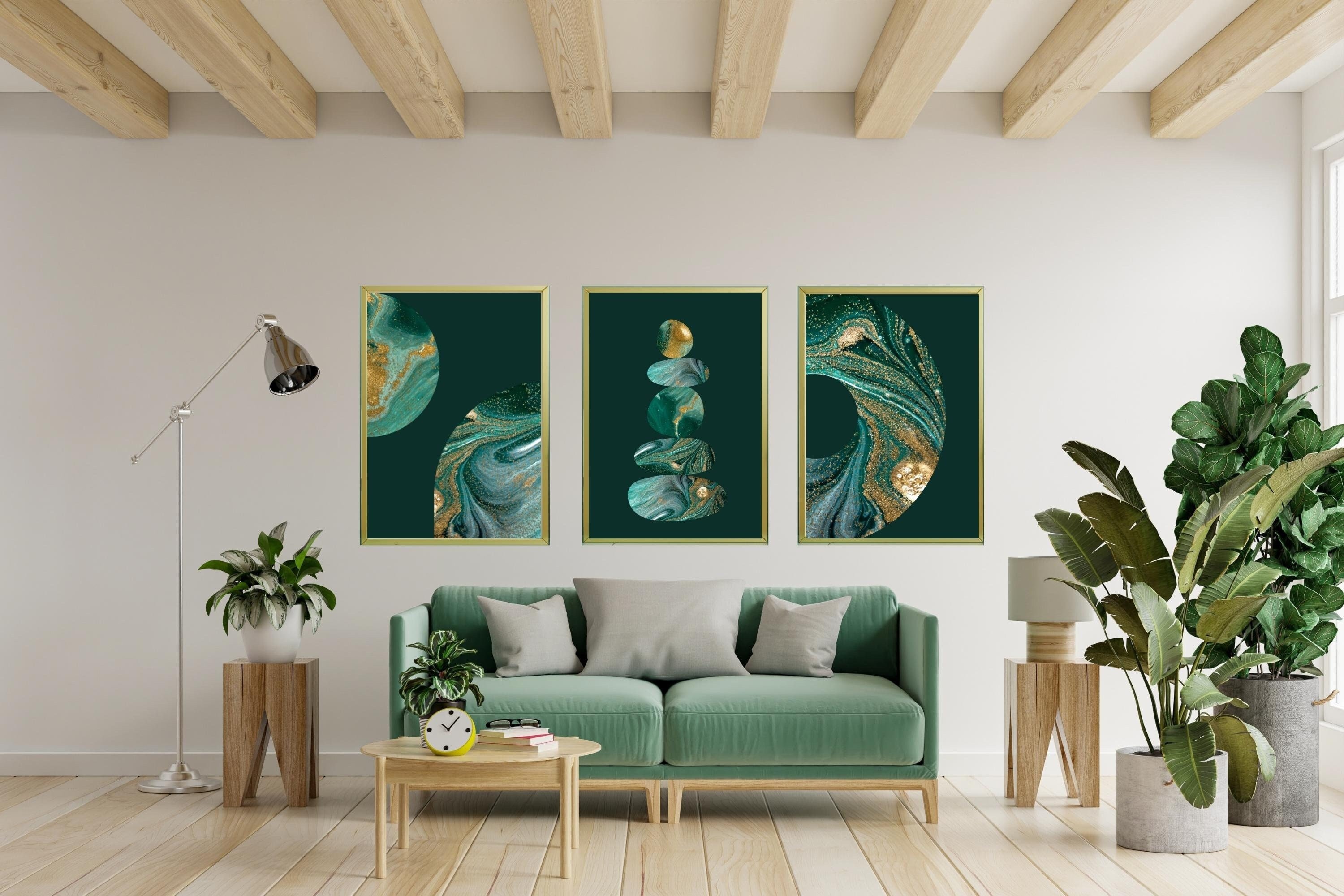 Green and Gold Marble Wall Art|stone Balance|dark Green Gold Living ...