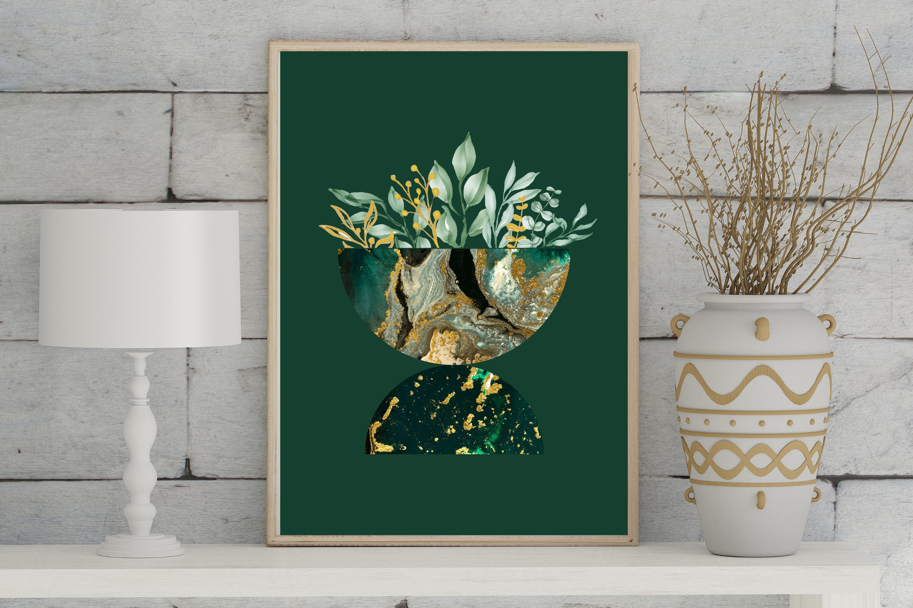 Set of 3 Green and Gold Marble Wall Artemerald Abstract Etsy
