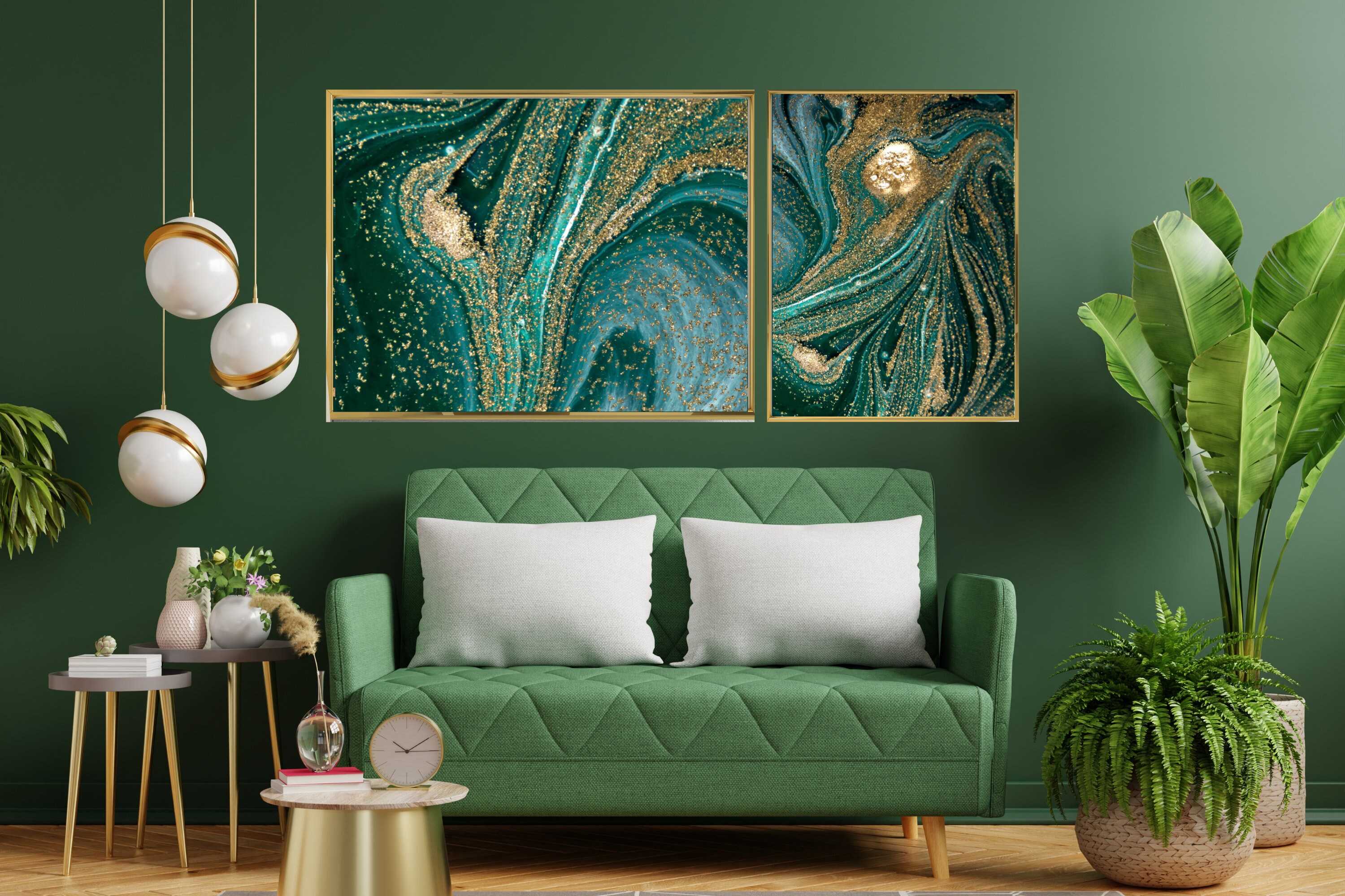 Set of 3 Green and Gold Marble Wall Artgreen Abstract Living Etsy