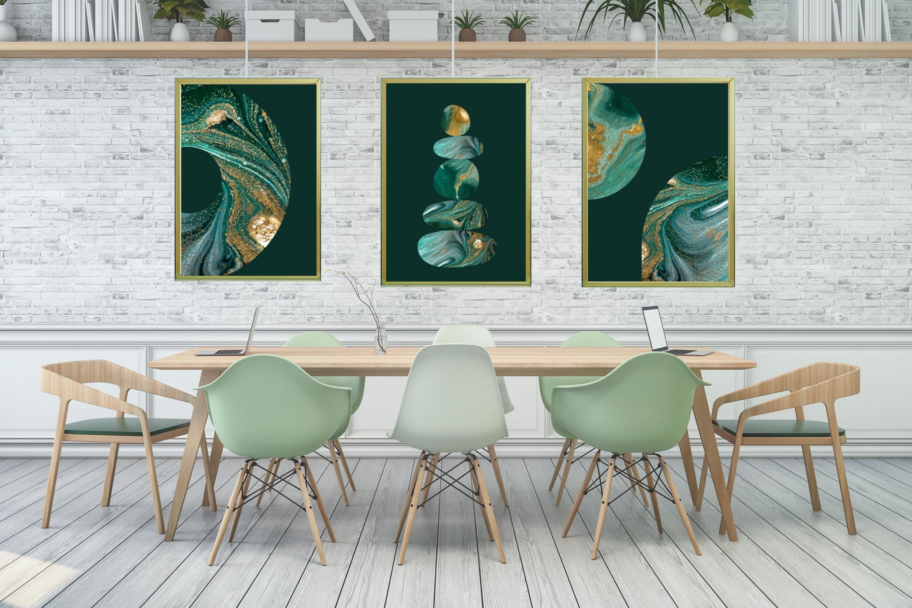 Green and Gold Marble Wall Art|stone Balance|dark Green Gold Living ...