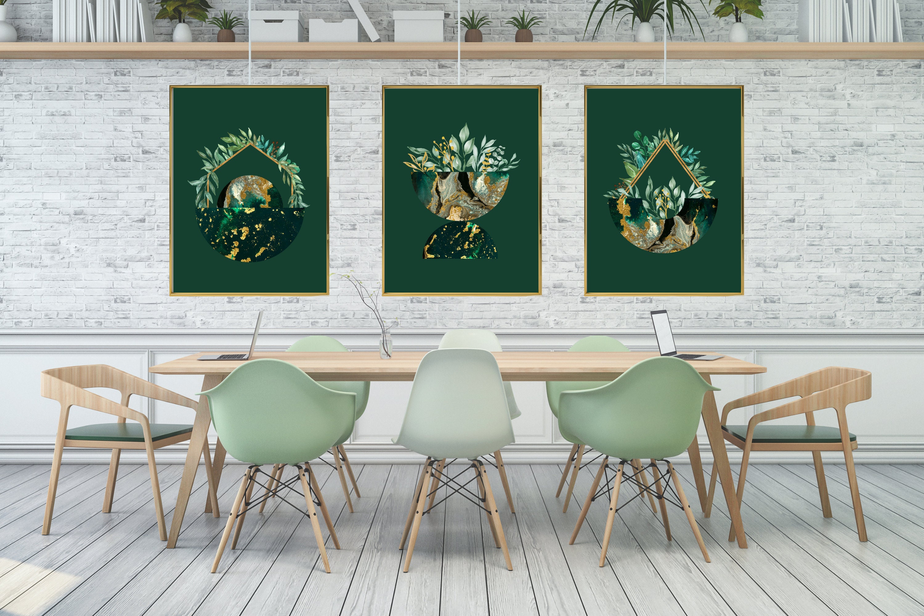 Set of 3 Green and Gold Marble Wall Artemerald Abstract Etsy