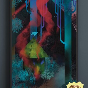 Haunted Cabin Digital Art Print | Surreal Forest Wall Decor with Red Smoke | Dark Dreamcore Landscape (Downloadable Poster)