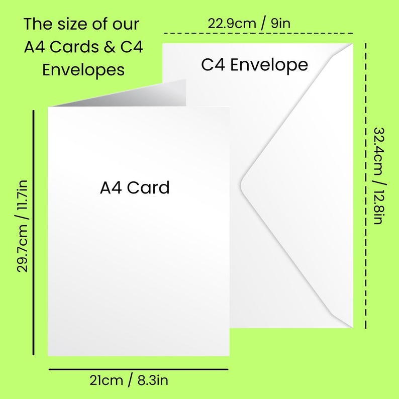 K&ouml;nnte beinhalten: Eine wei&szlig;e A4-Karte, 21 cm x 29,7 cm, neben einem wei&szlig;en C4-Umschlag, 22,9 cm x 32,4 cm. Text zeigt die Gr&ouml;&szlig;e der Karten und Umschl&auml;ge. Der Hintergrund ist hellgr&uuml;n.