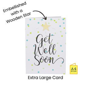 LARGE Get Well Card | Gift & Greeting | Male or Female | Confetti | Thinking of you | Get well Soon | Handmade | Unique | Wooden Star | Cute