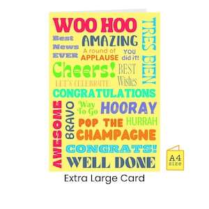 Large Congratulations Card | Well Done | Big, Giant, A4 Card | New Job | Hooray | Awesome Amazing Bravo,  Tres Bien, You Passed, Colleague