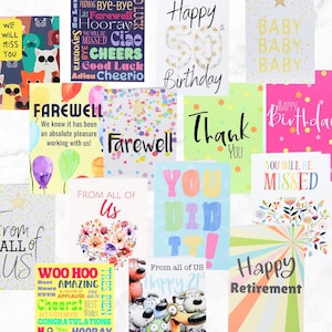 K&ouml;nnte beinhalten: Eine Sammlung von Gru&szlig;karten mit verschiedenen Botschaften und Designs. Karten enthalten "Alles Gute zum Geburtstag", "Abschied", "Danke" und "Du hast es geschafft!" Einige Karten zeigen farbenfrohe Illustrationen und Konfetti.