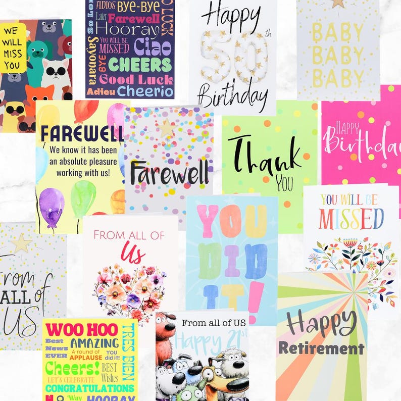 K&ouml;nnte beinhalten: Eine Sammlung von Gru&szlig;karten mit verschiedenen Botschaften und Designs. Karten enthalten "Alles Gute zum Geburtstag", "Abschied", "Danke" und "Du hast es geschafft!" Einige Karten zeigen farbenfrohe Illustrationen und Konfetti.