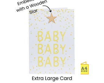 Large New Baby Card: Wooden Star & Confetti (A4 Size). Big Group Signing Card