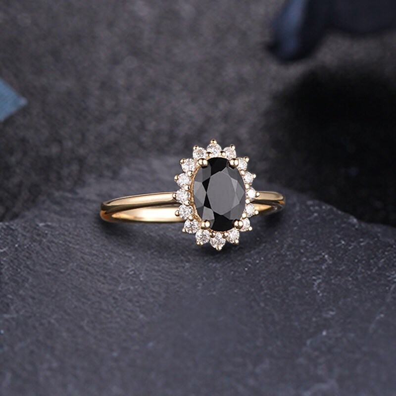 Antique Black Onyx Halo Engagement Ring Solid Gold Ring Halo - Etsy