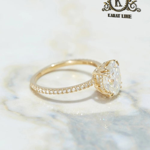 Hidden halo engagement ring 3 ct solitaire oval moissanite ring 12x8 mm shops oval 14k 1.5mm thin band & 0.19 ct Hidden halo diamond