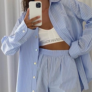Women's Casual Striped Two Piece Pajama Lounge Set With Long Sleeve Top and Shorts