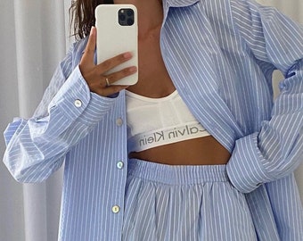 Women's Casual Striped Two Piece Pajama Lounge Set With Long Sleeve Top and Shorts