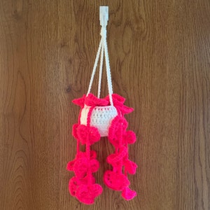 May include: A white crocheted hanging planter with pink crocheted flowers. The planter is hanging from a white hook on a wooden wall.